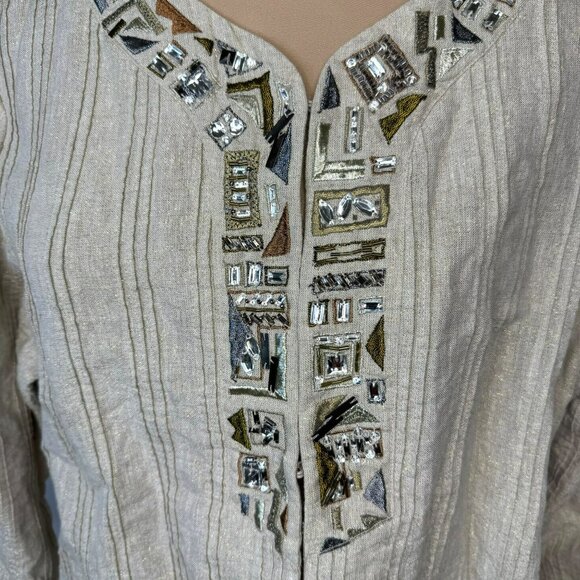 Chicos Metallic Gold Linen Blend Embellished Jacket Size 3 - Picture 2 of 7
